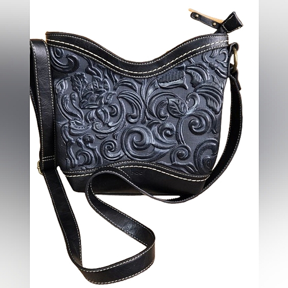 b.o.c. Handbags - B.O.C. Floral Embossed Black Leather Crossbody Bag